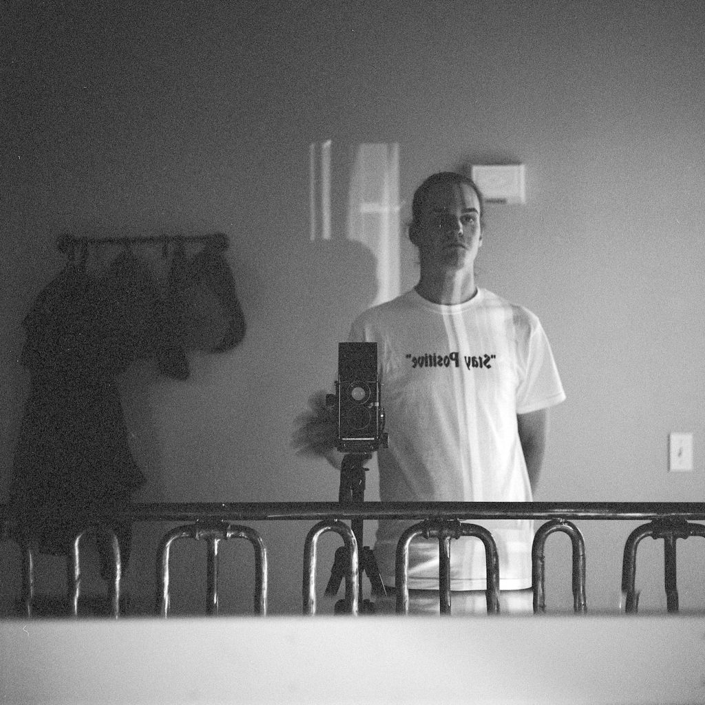 A Black and White Self portrait on Kodak Professional film with the Mamiya C330f Film Camera.